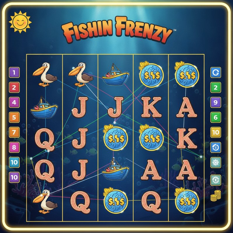 Fishin Frenzy base game showing active paylines across the five by three reel grid