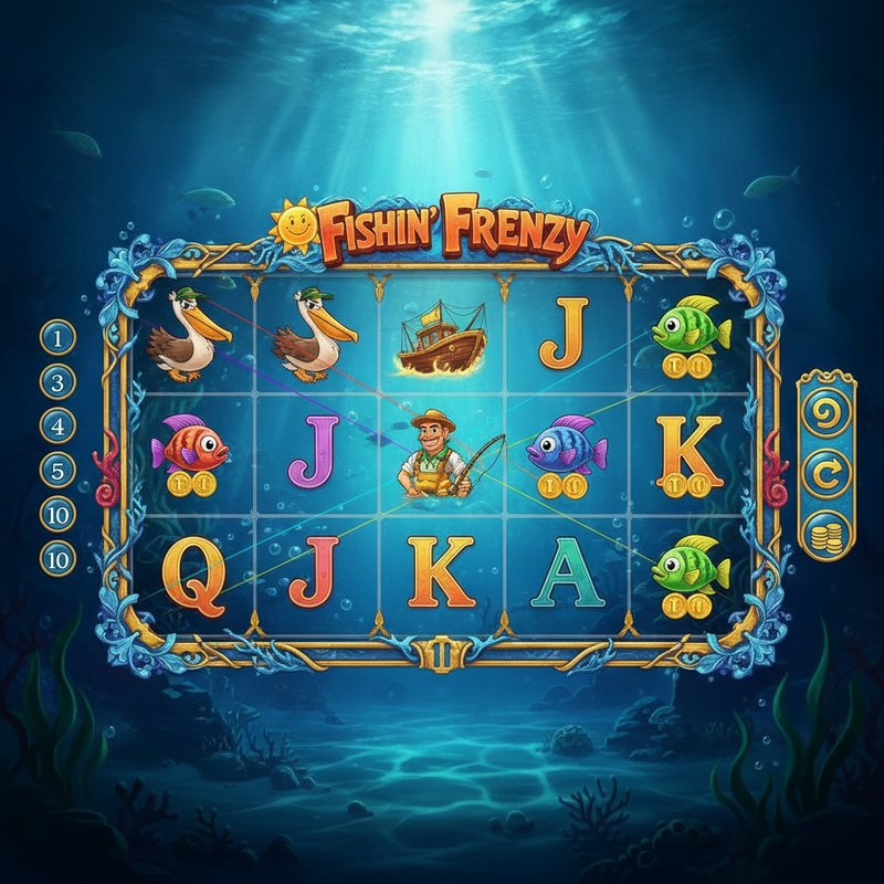 Fishin Frenzy slot main game screen with ocean background and reel symbols