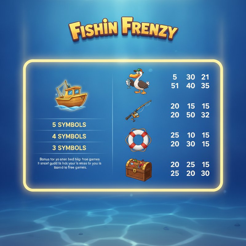 Fishin Frenzy paytable showing pelican, fishing rod, life preserver and tackle box payouts